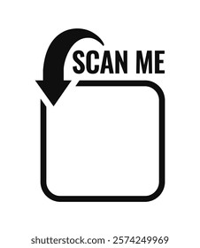 Black arrow pointing to a square with Scan Me text above, simple black and white graphic, minimalistic design, symbolizing QR code or scanning. Vector illustration