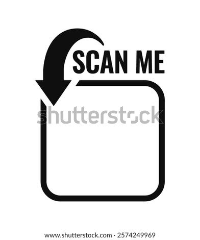 Black arrow pointing to a square with Scan Me text above, simple black and white graphic, minimalistic design, symbolizing QR code or scanning. Vector illustration