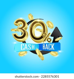 Black arrow revolves around gold 30% percent text with label cash back service blue and gold coin dollar floating in air. Financial payment label isolated on solid color background. Icon 3D vector.