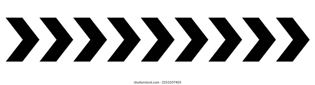 Black arrow in a row. Arrow icon. Sideways arrow icon striped direction sign. Black vector chevron arrows pointing right. Road signpost symbol. EPS Vector illustration