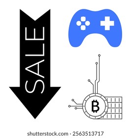 Black arrow with SALE, blue game controller, and Bitcoin symbol with circuit design. Ideal for e-commerce, gaming, cryptocurrency, digital marketing, and technology. Modern minimalist style