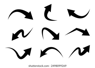 black arrow set with curve shape isolated on white background.