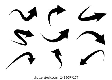 Conjunto de flecha negra con forma de curva aislada sobre fondo blanco.