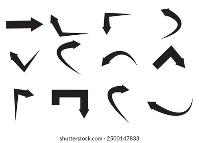 black arrow set with curve shape isolated on white background.