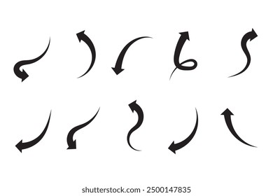 Conjunto de flecha negra con forma de curva aislada sobre fondo blanco.