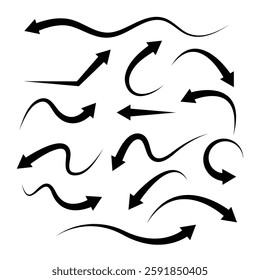 Black arrow set with curve shape. arrow indicated the direction symbol. curved and straight arrow icon vector. black arrow sign
