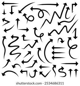 Conjunto de flechas negras aisladas en blanco. Signo de flecha curva muestra la dirección. Estilo plano. Ilustración vectorial.