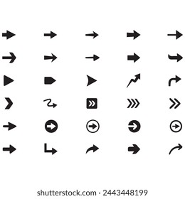 Black Arrow Set on White Background. Isolated vector Arrows collection. Cursor Icon symbol. flat sign Pointers Collection. Back, Next Web Page Sign.