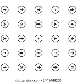 Black Arrow Set on White Background. Isolated vector Arrows collection. Cursor Icon symbol. flat sign Pointers Collection. Back, Next Web Page Sign.