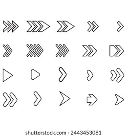 Black Arrow Set on White Background. Isolated vector Arrows collection. Cursor Icon symbol. flat sign Pointers Collection. Back, Next Web Page Sign.
simple line arrow collection.