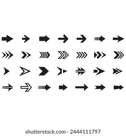 Black Arrow Set on White Background. Isolated vector Arrows collection. Cursor Icon symbol. flat sign Pointers Collection. Back, Next Web Page Sign.