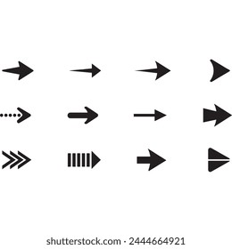 Black Arrow Set on White Background. Isolated vector Arrows collection. Cursor Icon symbol. flat sign Pointers Collection. Back, Next Web Page Sign.