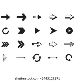 Schwarzer Pfeil auf weißem Hintergrund. Isolierte Vektorgrafik Pfeile Kollektion. Cursorsymbol-Symbol. Flachzeichen Zeiger-Kollektion. Zurück, nächstes Web Seitenschild.