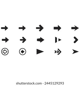 Black Arrow Set on White Background. Isolated vector Arrows collection. Cursor Icon symbol. flat sign Pointers Collection. Back, Next Web Page Sign.