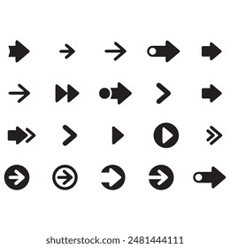 Flecha negra sobre fondo blanco. Colección de flechas de Vector aisladas. Cursor Icon symbol. Colección de punteros de signo plano. Atrás, Siguiente Signo De Página De Web.