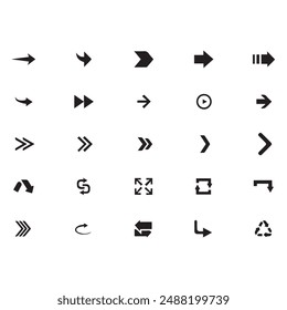 Black Arrow Set on White Background. Isolated vector Arrows collection. Cursor Icon symbol. flat sign Pointers Collection. Back, Next Web Page Sign.