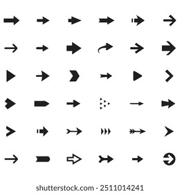 Schwarzer Pfeil auf weißem Hintergrund. Isolierte Vektorpfeil-Auflistung. Cursor-Symbol. Zeiger-Sammlung mit flachem Zeichen. Zurück, nächstes Webseitenzeichen. Zeigerkurvenpunkte für die Sammlung klicken. EPS-Datei.