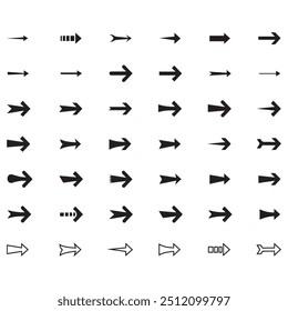 Flecha negra sobre fondo blanco. Colección de flechas de Vector aisladas. Símbolo del icono del cursor. señal plana Punteros Colección. Atrás, siguiente signo de página de Web. Hacer clic de puntos de curva de cursor de colección. Archivo EPS.