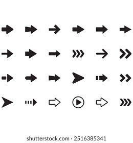 Flecha negra sobre fondo blanco. Colección de flechas de Vector aisladas. Símbolo del icono del cursor. señal plana Punteros Colección. Atrás, siguiente signo de página de Web. Hacer clic de puntos de curva de cursor de colección. Archivo EPS.