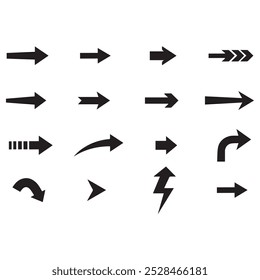 Seta preta definida no plano de fundo branco. Coleção de setas vetoriais isoladas. Símbolo de ícone de cursor. Coleção de ponteiros de sinal simples. Voltar, Próximo Sinal de Página da Web. coleta curva do cursor pontos clique. arquivo EPS.