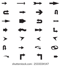 Black Arrow Set on White Background. Isolated vector Arrows collection. Cursor Icon symbol. flat sign Pointers Collection. Back, Next Web Page Sign. collection cursor curve dots click. EPS file.