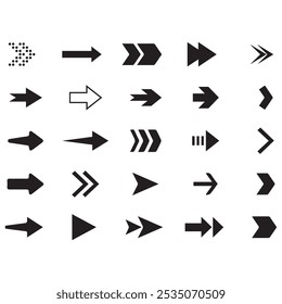 Seta preta definida no plano de fundo branco. Coleção de setas vetoriais isoladas. Símbolo de ícone de cursor. Coleção de ponteiros de sinal simples. Voltar, Próximo Sinal de Página da Web. coleta curva do cursor pontos clique. arquivo EPS.