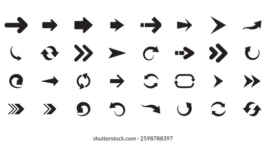 Black Arrow Set on White Background. Isolated vector Arrows collection. Cursor Icon symbol. flat sign Pointers Collection. Back, Next Web Page Sign. collection cursor curve dots click. EPS file.