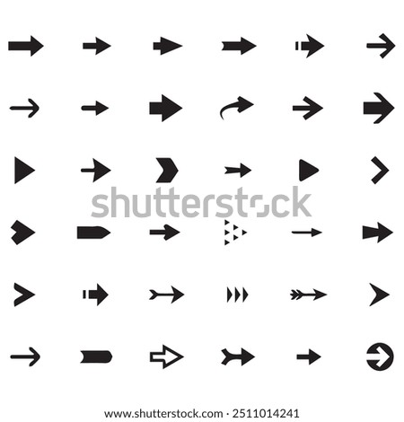 Black Arrow Set on White Background. Isolated vector Arrows collection. Cursor Icon symbol. flat sign Pointers Collection. Back, Next Web Page Sign. collection cursor curve dots click. EPS file.