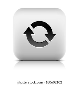Black arrow sign. Loop, refresh, reload, rotation, reset icon. Rounded square button with gray reflection, shadow on white background. Series in a stone style. Vector illustration web design 8 eps