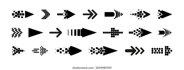 Schwarze Pfeilzeichen einzeln auf weißem Hintergrund. Vektorgrafik schmaler geometrischer Fahrtrichtungsanzeiger mit dünnen Linien, Punkten, Quadraten, Dreiecken, Navigationstasten-Kit, flachen Routensymbolen