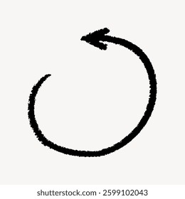 Black arrow sketch in a circular motion. The arrow points left, creating a loop. Hand-drawn arrow sketch on a white background, emphasizing motion. Doodle illustration vector.