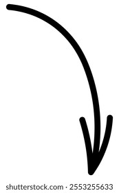 Black arrow. Sketch. Curved pointer pointing down. Hand drawn pointer. Vector illustration. Rounded sign. Outline on isolated white background. Doodle style. Idea for web design.