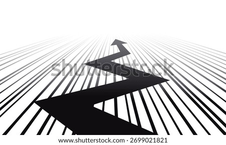 Black arrow and speed lines moving in a zigzag pattern