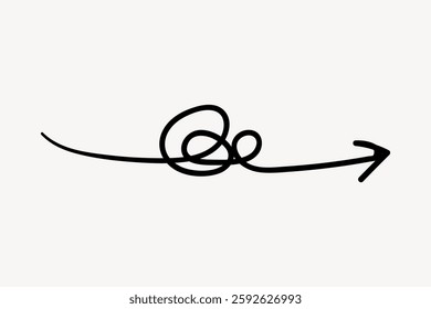 A black arrow with a tangled, looping line, symbolizing confusion or complexity. The arrow, looping and tangled, points right, suggesting direction or progress. Isolated vector element.