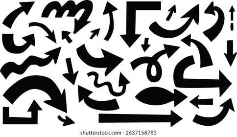 Black arrow vector doodle set featuring bold, playful, curved, and abstract arrows. Perfect for infographics, presentations, web design, social media graphics, marketing, icons, UI elements