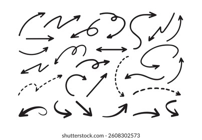 Black Arrow vector elements hand drawn arrows brush stroke curly arrow collection. hand drawn on a white background. Vector Illustration Eps 10
