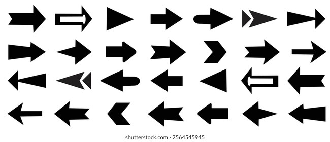 Black arrow vector icon pack. Set of black triangular arrow pointers isolated on white background. Mega set of vector arrows.
