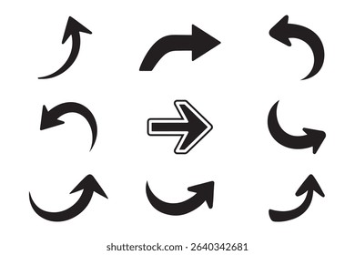 Black arrow vector icon set, black curved arrows icon vector isolated on white background