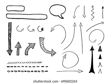 Black arrows, arrowhead and ornaments doodles vector on a white background