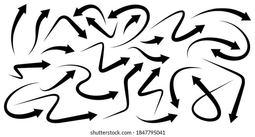 Black arrows collection. Different arrow icon set circle, up, curly, straight and twisted. Design elements.
