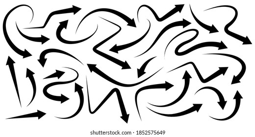 Black arrows collection. Different arrow icon set circle, up, curly, straight and twisted. Design elements.