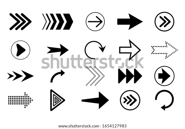 Black arrows collection isolated on white\
background. Different arrow shapes for navigation or web download.\
Direction button signs forward, right, down, repeat narrow. Modern\
cursor symbols. Vector.