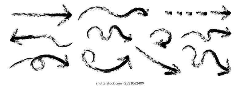 Black arrows of different shapes drawn by hand. Vector pointers with brushes.