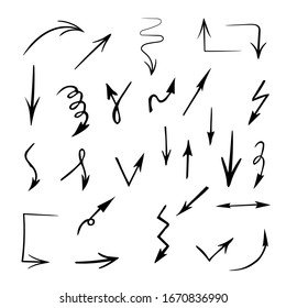 Black arrows of different shapes. Hand drawn icons. Vector illustration on a white background.