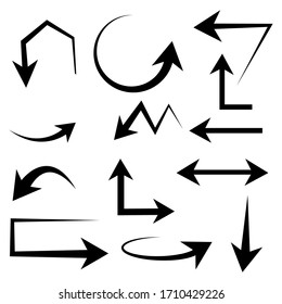 Black arrows of different shapes and thicknesses, different directions. Vector illustration. Stock drawing.