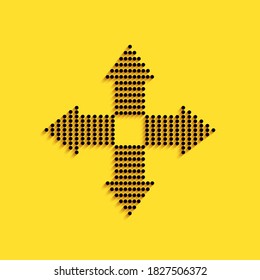 Black Arrows dots in four directions icon isolated on yellow background. Long shadow style. Vector.