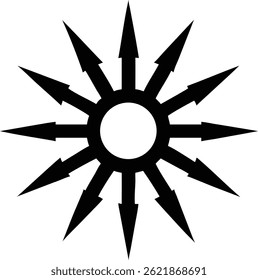 As setas negras emanam de um vazio circular central, formando um símbolo de estelar contra uma tela branca simples, significando difusão ou direção unificada em forma de vetor.