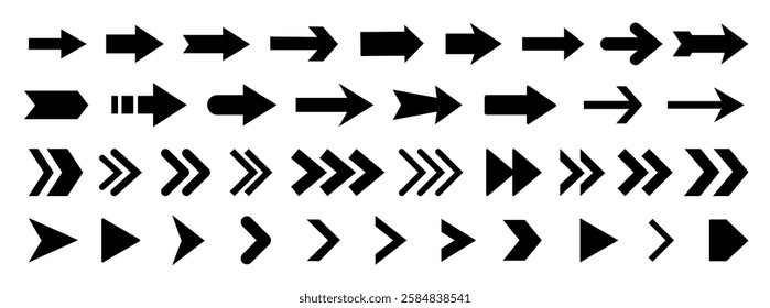 Black arrows flat icons. Set for web design. Direction pointers vector icons. Big collection. Vector set of black arrow signs.