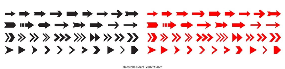 Setas pretas ícones planos. Definir para design da Web. Ponteiros de direção ícones de vetor. Grande coleção. Conjunto vetorial de sinais de seta pretos