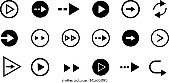 Black arrows. Flat silhouette outline arrows with square round and dot elements isolated on white background. Vector direction cursor